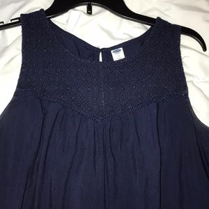 navy blue tank top with embroidery at top